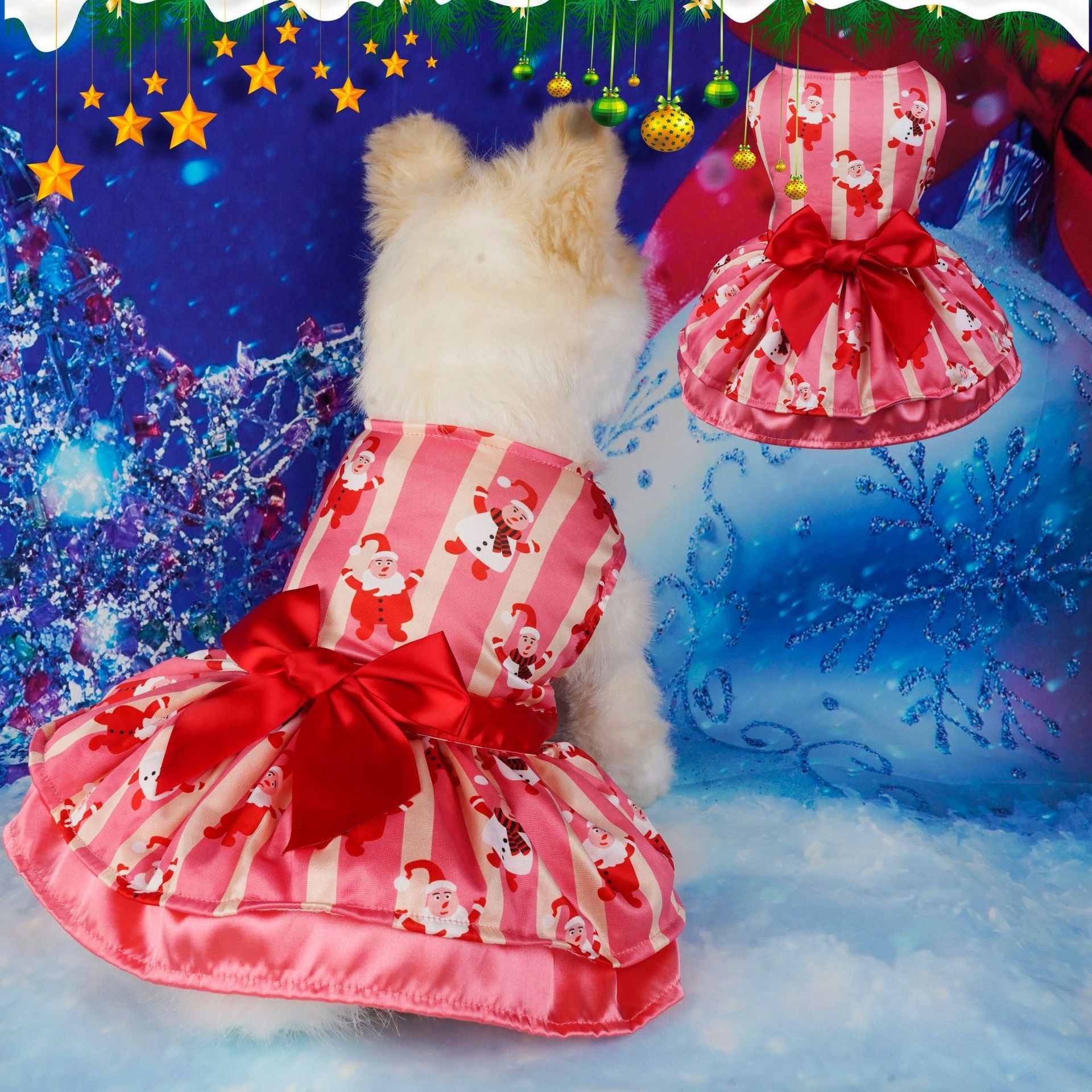 KFX-2862141 Holiday-Themed Pet Dress with Santa, Deer, and Christmas Tree Designs in Various Sizes