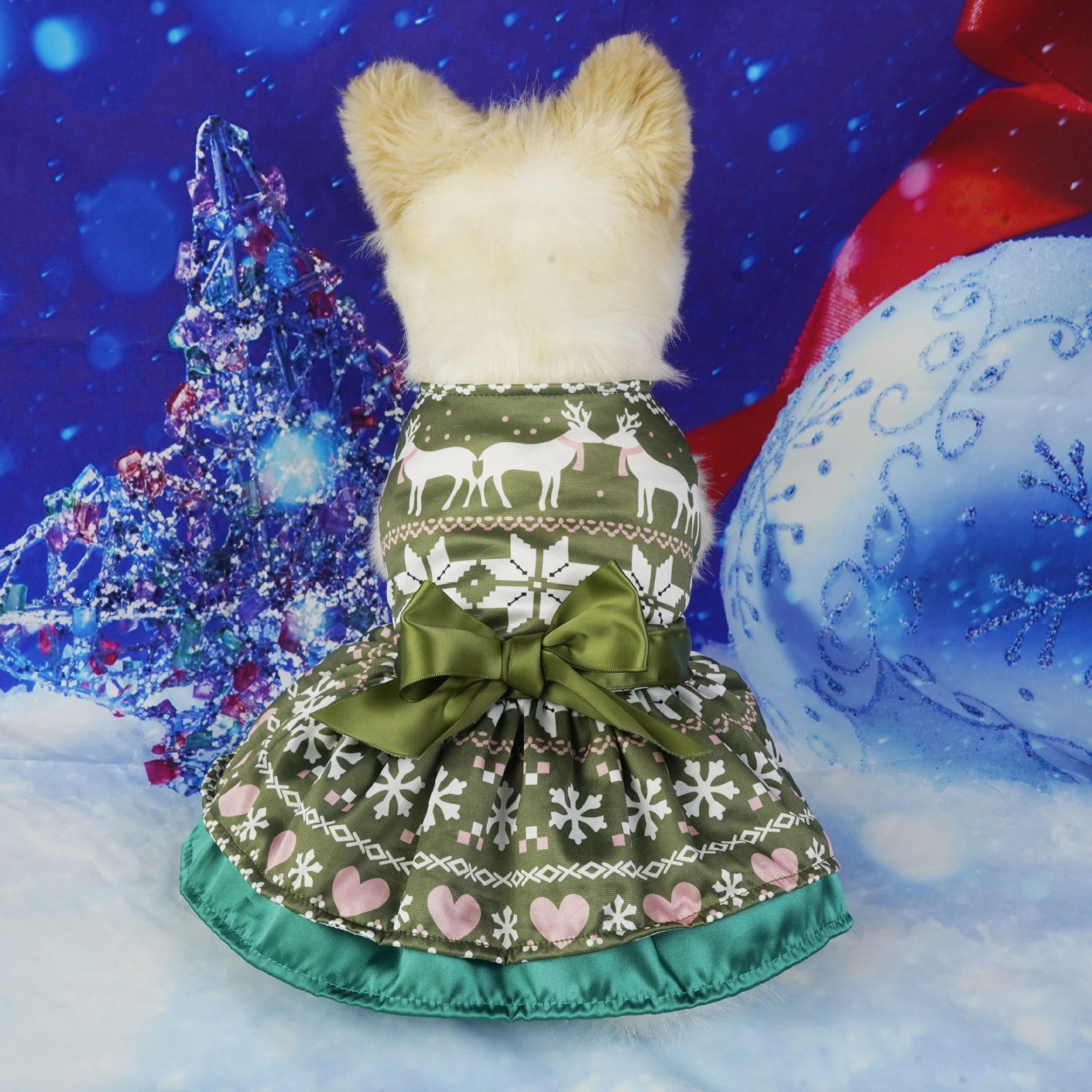 KFX-2862141 Holiday-Themed Pet Dress with Santa, Deer, and Christmas Tree Designs in Various Sizes