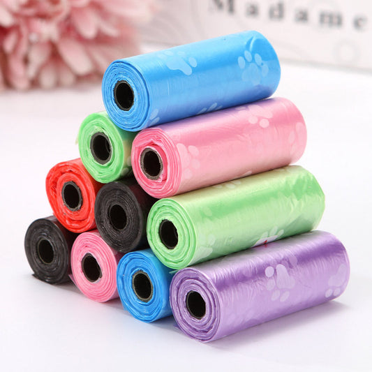 KFX-2863805 Pet Waste Garbage Bags with Footprint Design - 15 Count Roll, Random Colors, Flat Mouth, Made from PP