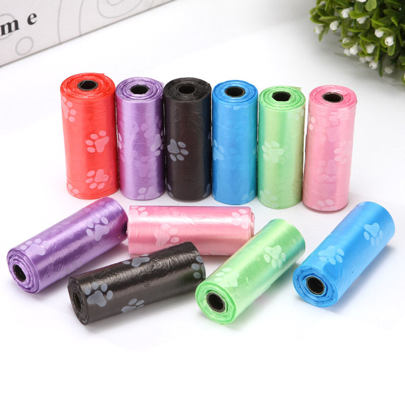 KFX-2863805 Pet Waste Garbage Bags with Footprint Design - 15 Count Roll, Random Colors, Flat Mouth, Made from PP