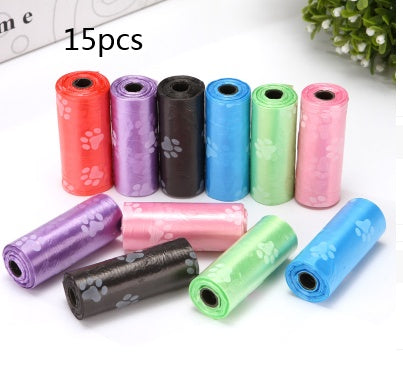 KFX-2863805 Pet Waste Garbage Bags with Footprint Design - 15 Count Roll, Random Colors, Flat Mouth, Made from PP