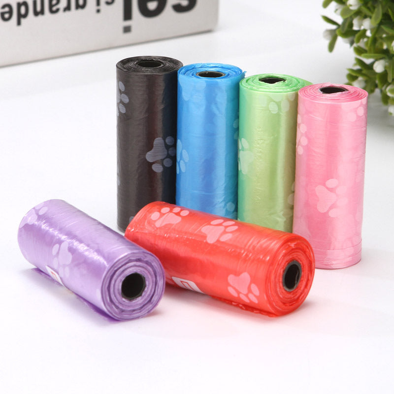 KFX-2863805 Pet Waste Garbage Bags with Footprint Design - 15 Count Roll, Random Colors, Flat Mouth, Made from PP