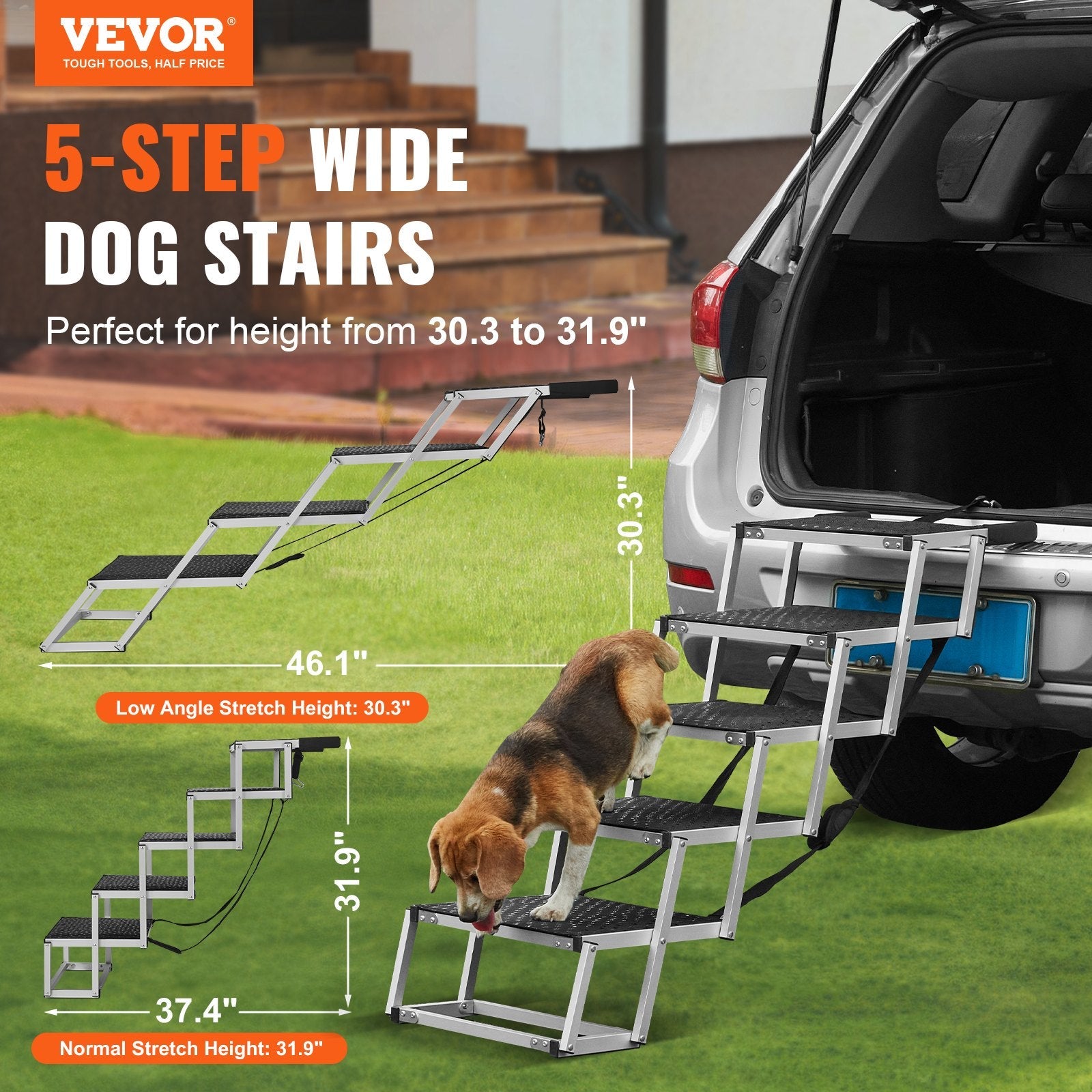 KFX-2865725 5-Step Folding Dog Stairs for Cars, Adjustable Height, Supports Up to 150 lbs, Non-Slip Surface for Easy Pet Access