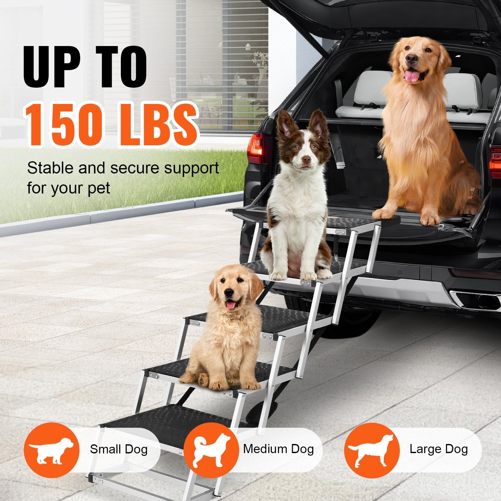 KFX-2865725 5-Step Folding Dog Stairs for Cars, Adjustable Height, Supports Up to 150 lbs, Non-Slip Surface for Easy Pet Access