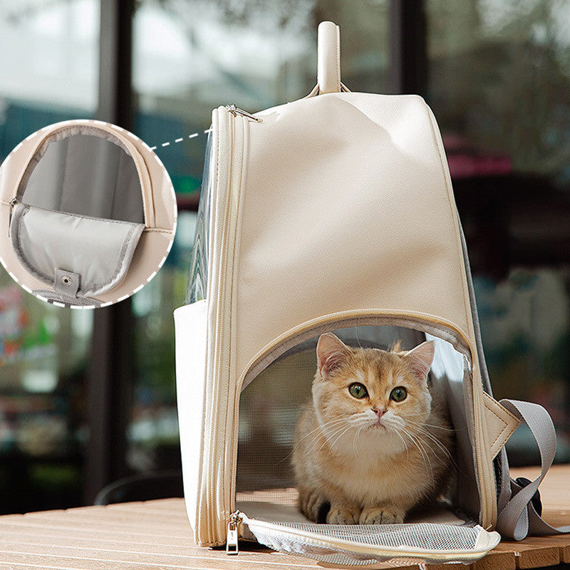 KFX-2869565 Transparent Large Cat and Small Dog Backpack, Stylish Pet Carrier Bag, Leather/PVC/Mesh, 40cm x 35cm x 25cm