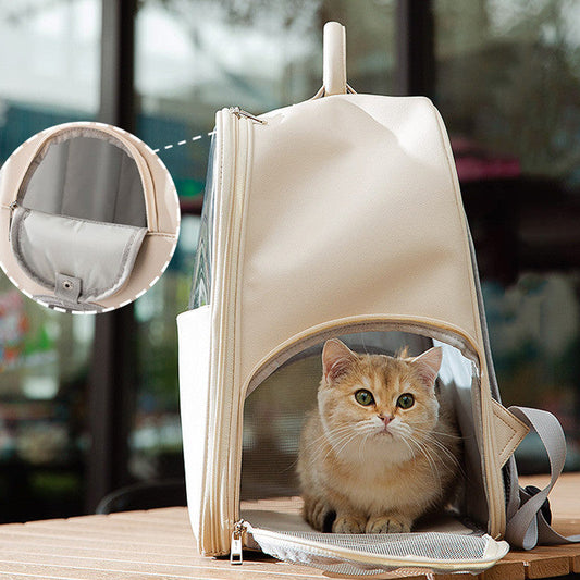 KFX-2869565 Transparent Large Cat and Small Dog Backpack, Stylish Pet Carrier Bag, Leather/PVC/Mesh, 40cm x 35cm x 25cm