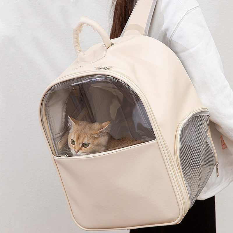 KFX-2869565 Transparent Large Cat and Small Dog Backpack, Stylish Pet Carrier Bag, Leather/PVC/Mesh, 40cm x 35cm x 25cm