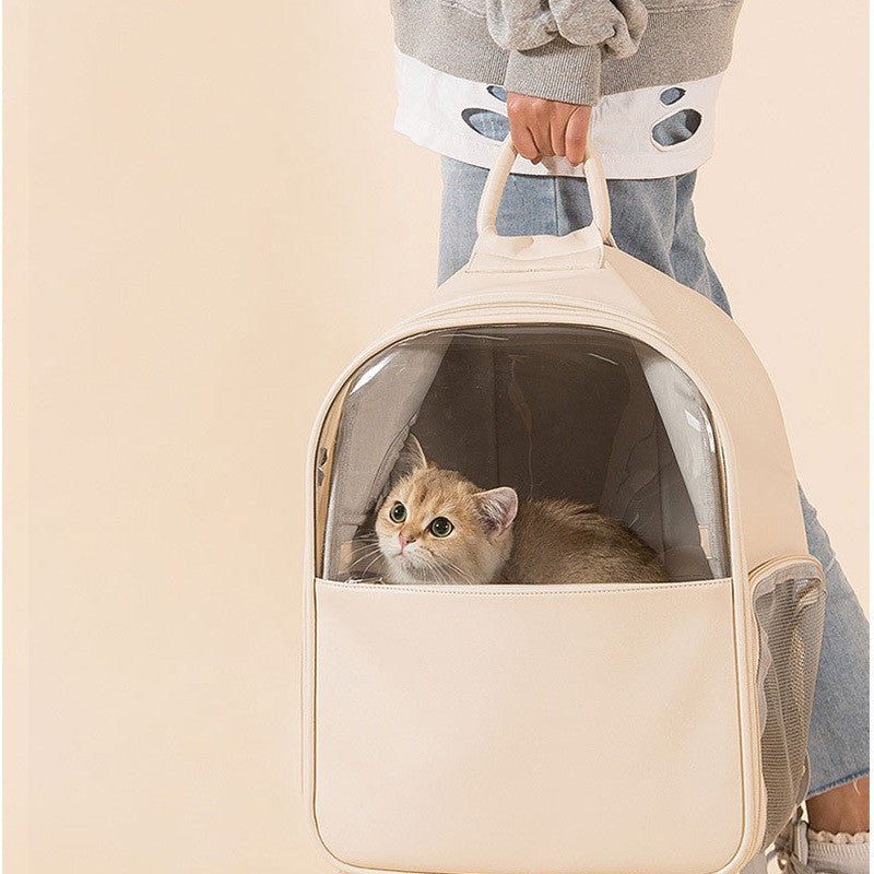 KFX-2869565 Transparent Large Cat and Small Dog Backpack, Stylish Pet Carrier Bag, Leather/PVC/Mesh, 40cm x 35cm x 25cm