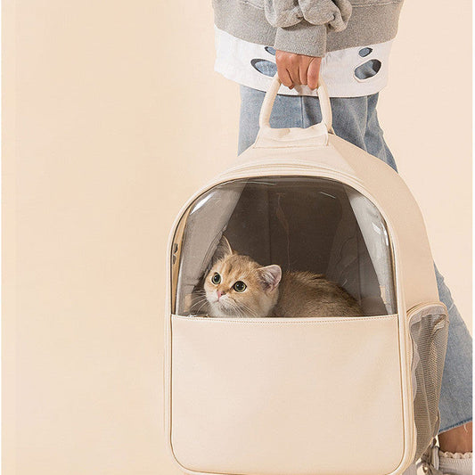 KFX-2869565 Transparent Large Cat and Small Dog Backpack, Stylish Pet Carrier Bag, Leather/PVC/Mesh, 40cm x 35cm x 25cm