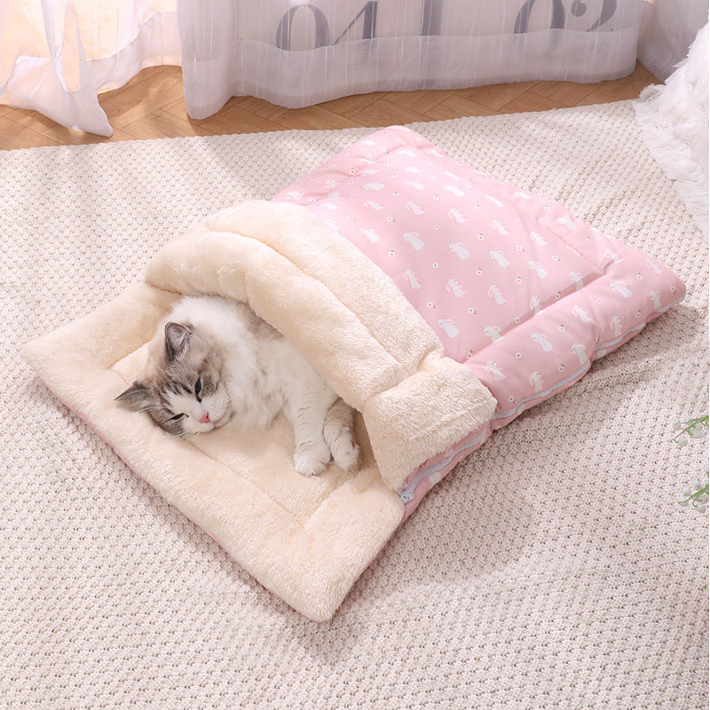 KFX-2871357 Cozy Multi-Season Pet Sleeping Bag with Detachable Mat and Foldable Design for Cats and Dogs