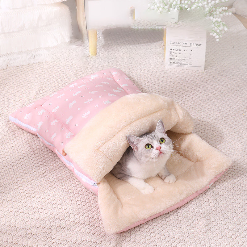 KFX-2871357 Cozy Multi-Season Pet Sleeping Bag with Detachable Mat and Foldable Design for Cats and Dogs