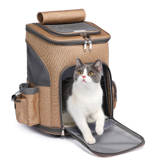 KFX-2875325 Folding Trolley Pet Backpack with Universal Wheels for Cats and Dogs, Airline Approved, Breathable Design