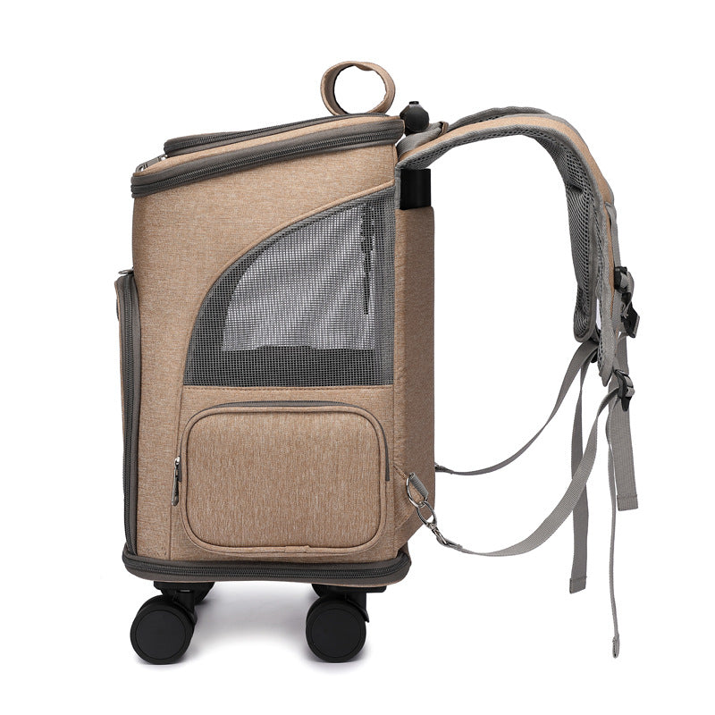 KFX-2875325 Folding Trolley Pet Backpack with Universal Wheels for Cats and Dogs, Airline Approved, Breathable Design