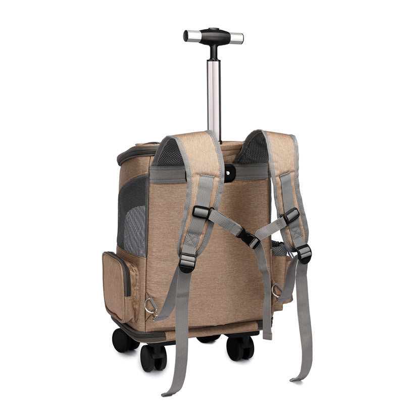 KFX-2875325 Folding Trolley Pet Backpack with Universal Wheels for Cats and Dogs, Airline Approved, Breathable Design