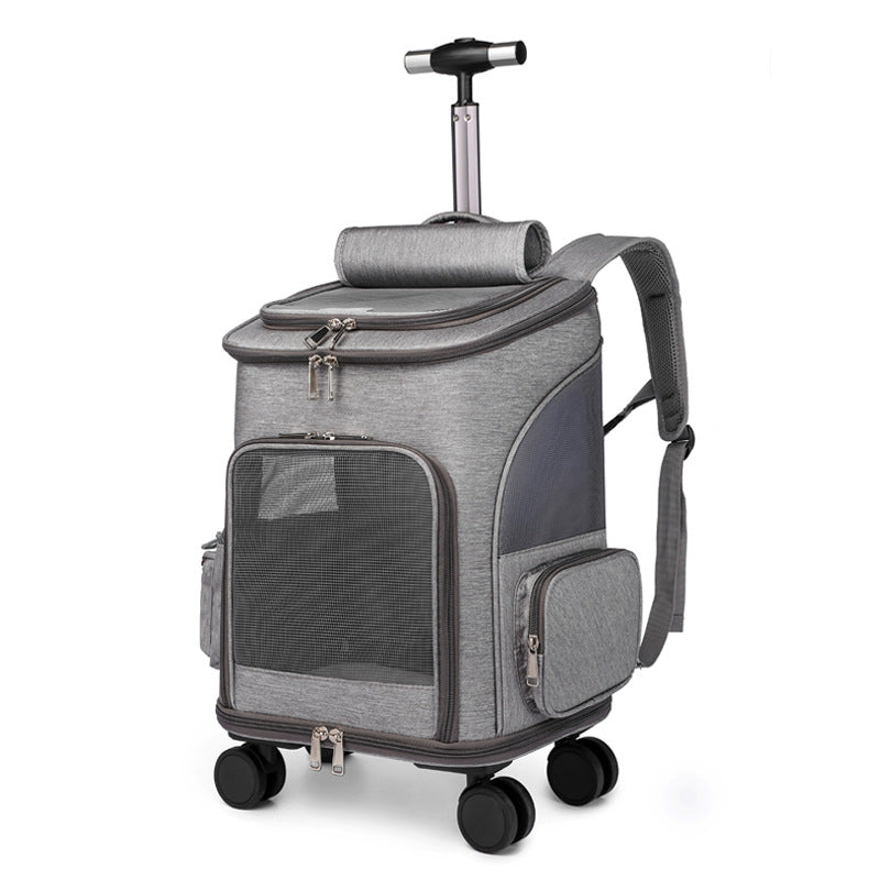 KFX-2875325 Folding Trolley Pet Backpack with Universal Wheels for Cats and Dogs, Airline Approved, Breathable Design
