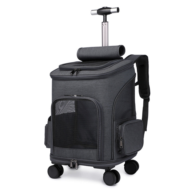 KFX-2875325 Folding Trolley Pet Backpack with Universal Wheels for Cats and Dogs, Airline Approved, Breathable Design