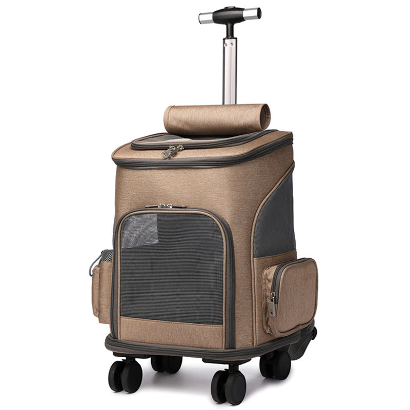 KFX-2875325 Folding Trolley Pet Backpack with Universal Wheels for Cats and Dogs, Airline Approved, Breathable Design
