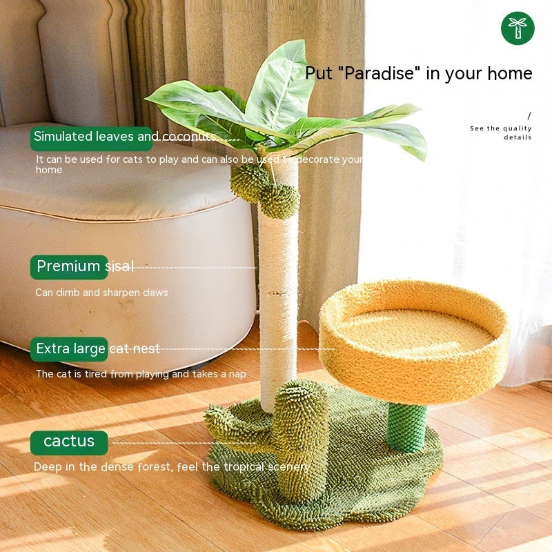 KFX-2882109 Coconut Tree Cat Climbing Frame with Nest and Scratching Rod Wooden Toy