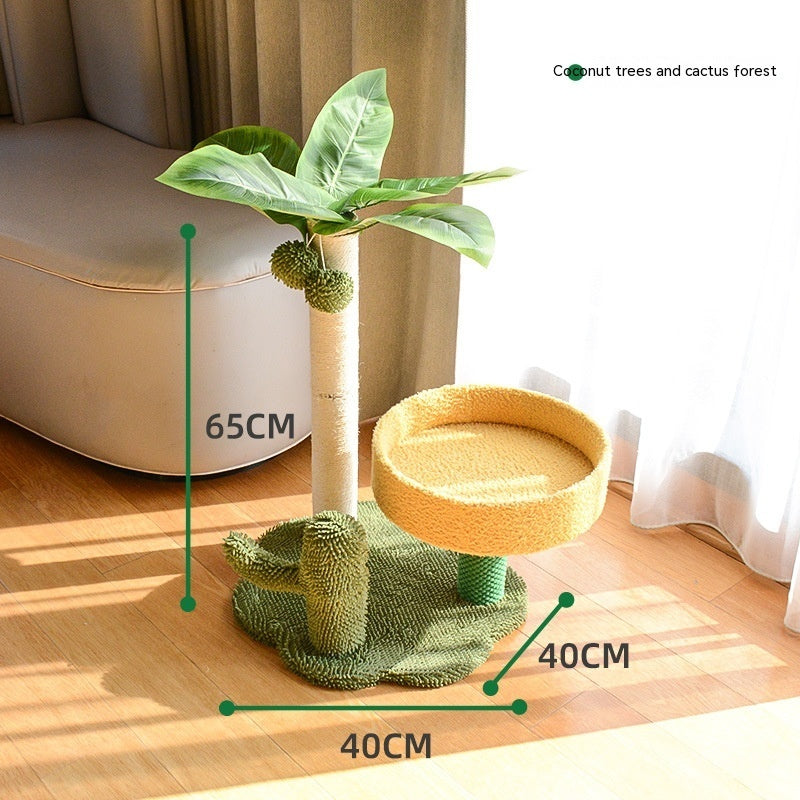 KFX-2882109 Coconut Tree Cat Climbing Frame with Nest and Scratching Rod Wooden Toy