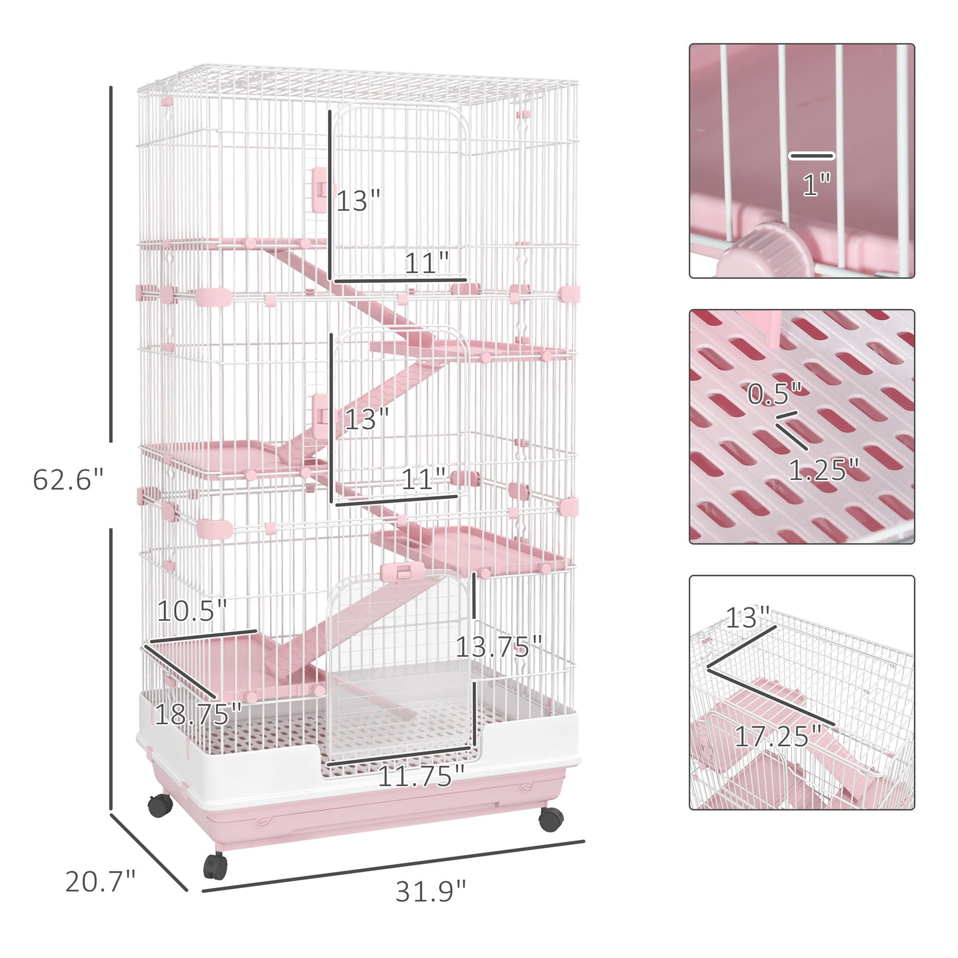 KFX-2882493 32" Pink 6-Level Small Animal Cage with Lockable Wheels, Slide-Out Tray for Rabbits, Chinchillas, Ferrets