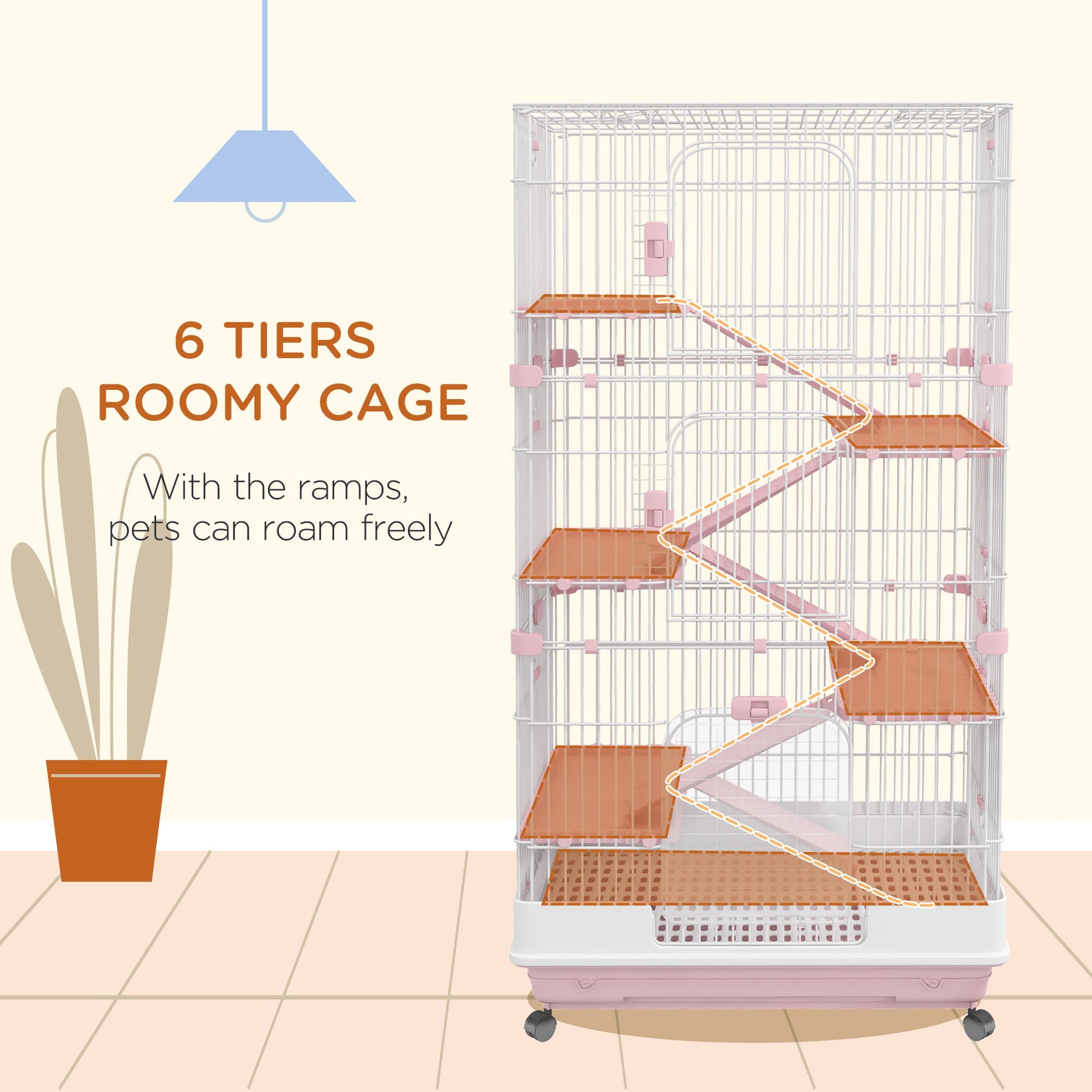 KFX-2882493 32" Pink 6-Level Small Animal Cage with Lockable Wheels, Slide-Out Tray for Rabbits, Chinchillas, Ferrets