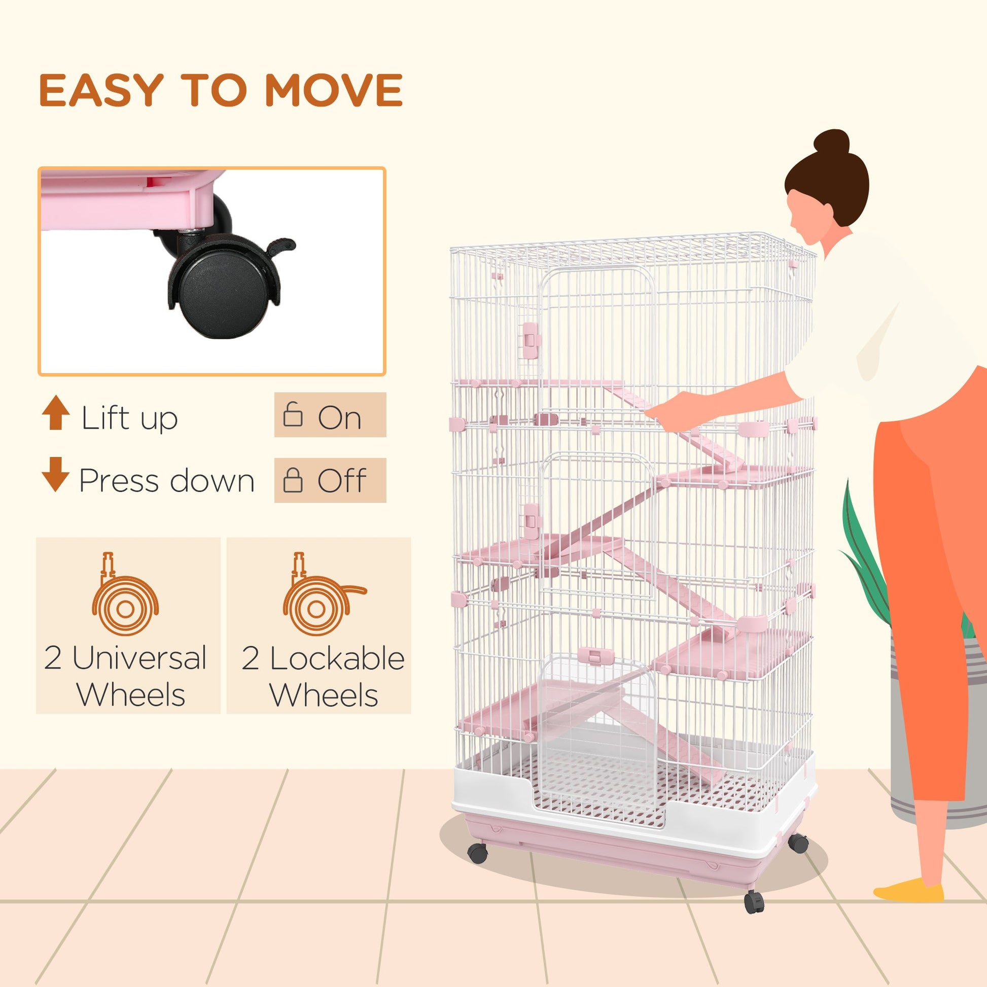KFX-2882493 32" Pink 6-Level Small Animal Cage with Lockable Wheels, Slide-Out Tray for Rabbits, Chinchillas, Ferrets
