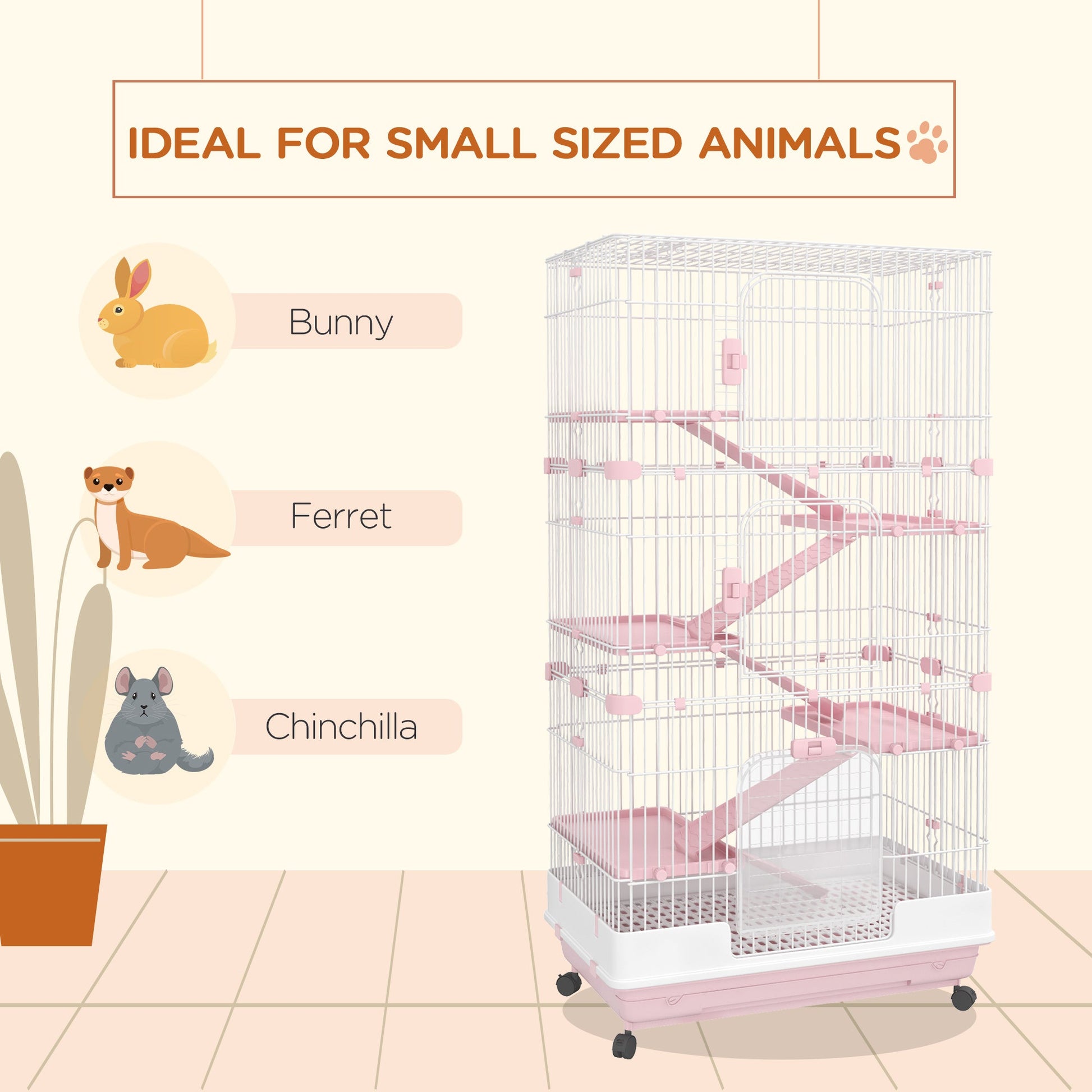 KFX-2882493 32" Pink 6-Level Small Animal Cage with Lockable Wheels, Slide-Out Tray for Rabbits, Chinchillas, Ferrets