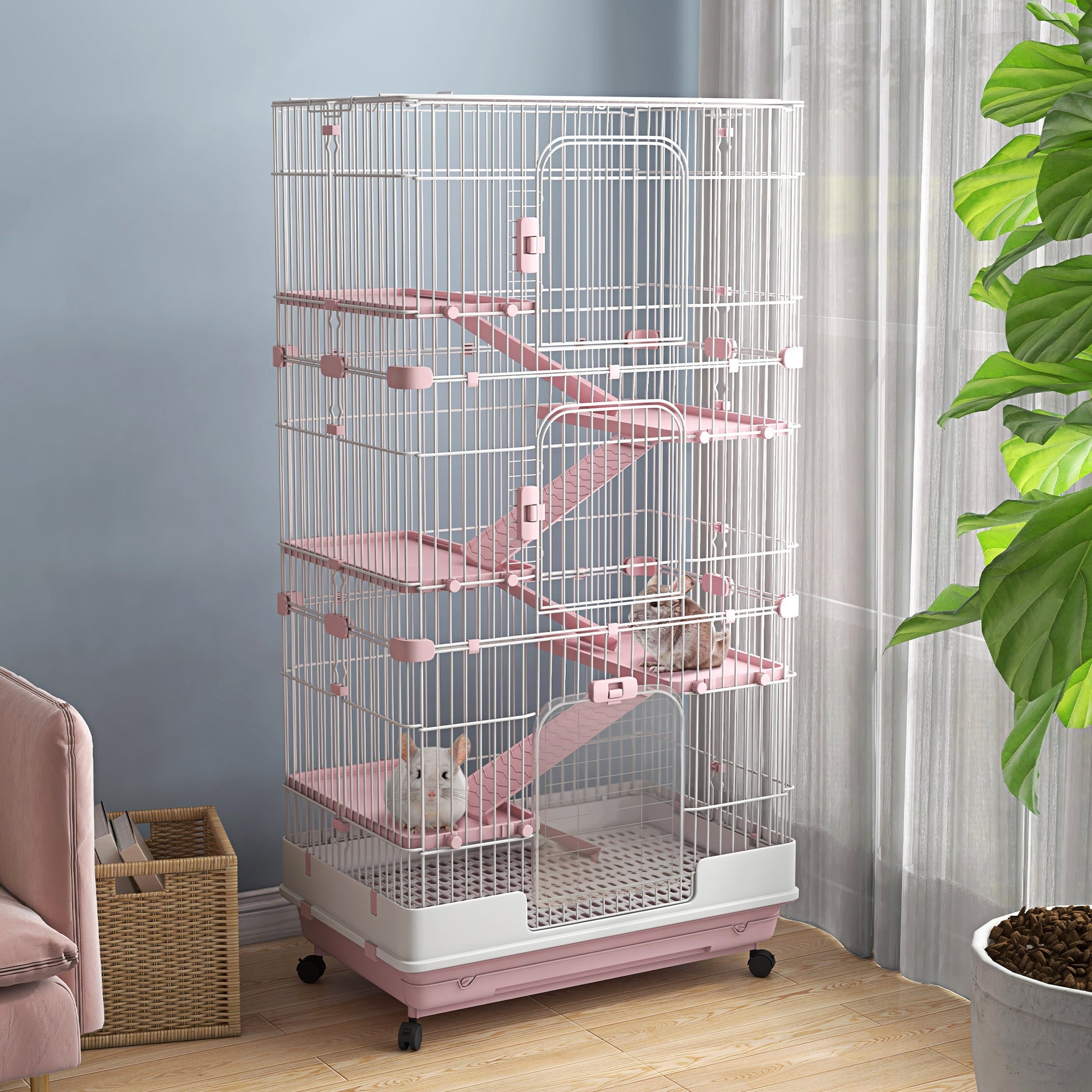 KFX-2882493 32" Pink 6-Level Small Animal Cage with Lockable Wheels, Slide-Out Tray for Rabbits, Chinchillas, Ferrets