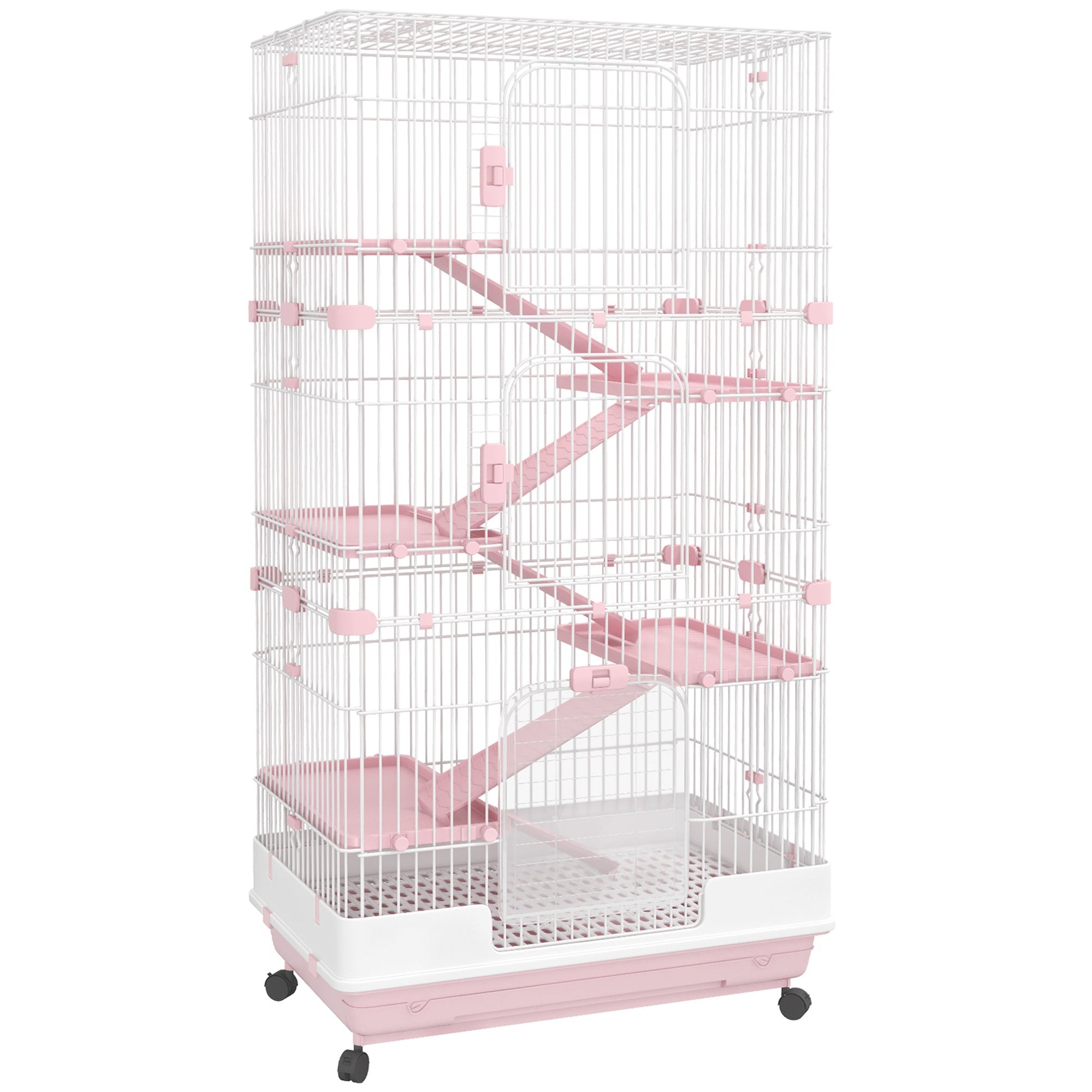 KFX-2882493 32" Pink 6-Level Small Animal Cage with Lockable Wheels, Slide-Out Tray for Rabbits, Chinchillas, Ferrets