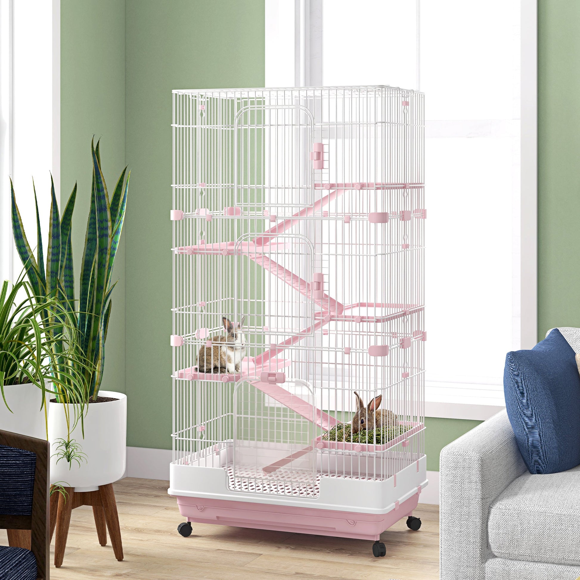 KFX-2882493 32" Pink 6-Level Small Animal Cage with Lockable Wheels, Slide-Out Tray for Rabbits, Chinchillas, Ferrets