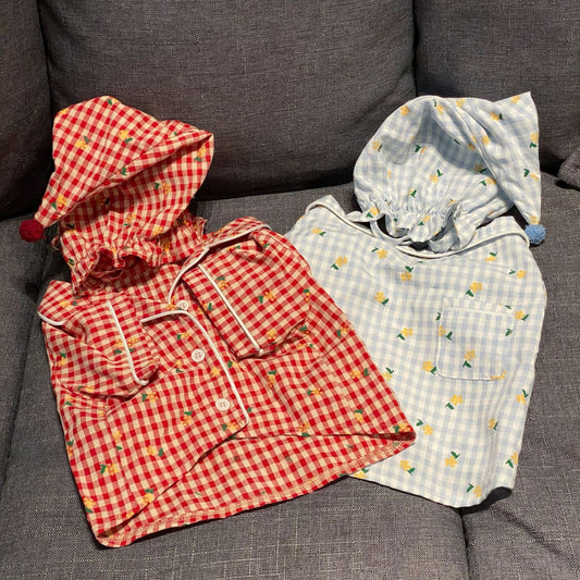 KFX-2885437 Cotton Pajamas for Dogs and Cats with Matching Hat - Casual Style in Red and Blue, Sizes S to XXL