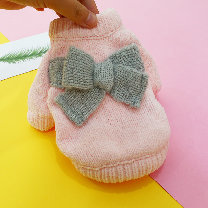 KFX-2898109 Bowknot Knit Sweater for Dogs and Cats - Winter Stylish Pet Costume in Various Colors and Patterns