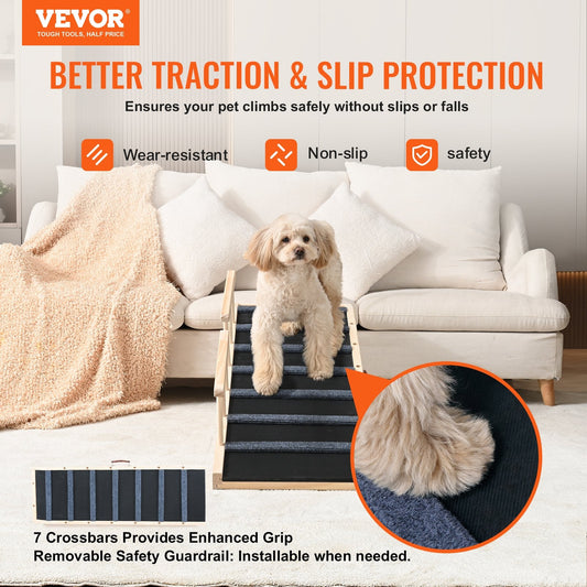 KFX-2898493 Adjustable Folding Dog Ramp with Non-Slip Surface for Pets Up to 250 lbs, 6 Height Settings, Ideal for Beds, Sofas, and Cars