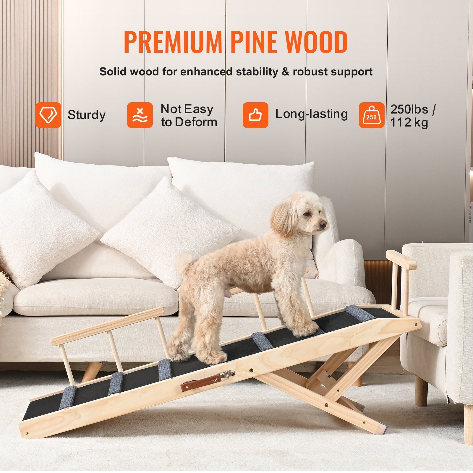 KFX-2898493 Adjustable Folding Dog Ramp with Non-Slip Surface for Pets Up to 250 lbs, 6 Height Settings, Ideal for Beds, Sofas, and Cars
