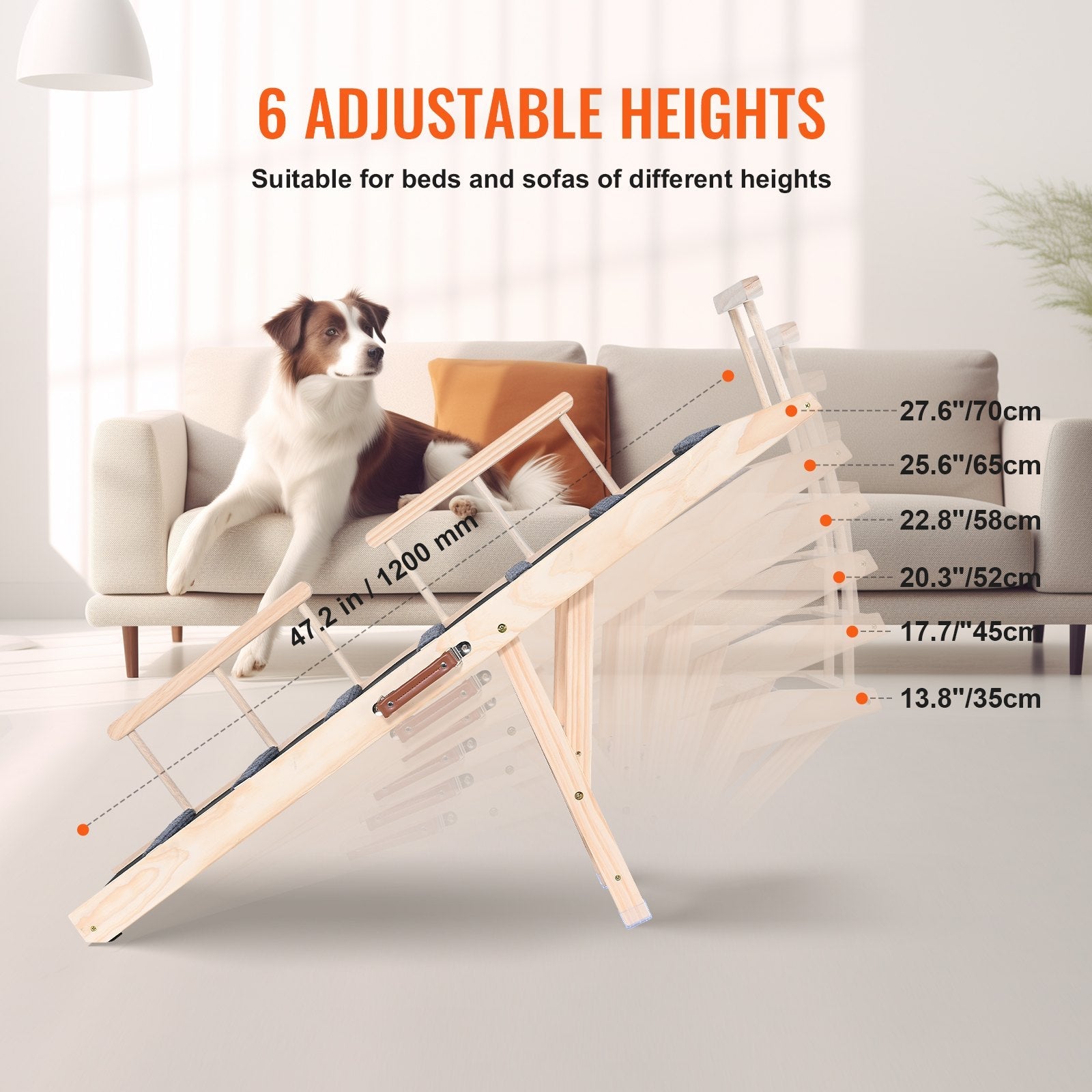 KFX-2898493 Adjustable Folding Dog Ramp with Non-Slip Surface for Pets Up to 250 lbs, 6 Height Settings, Ideal for Beds, Sofas, and Cars