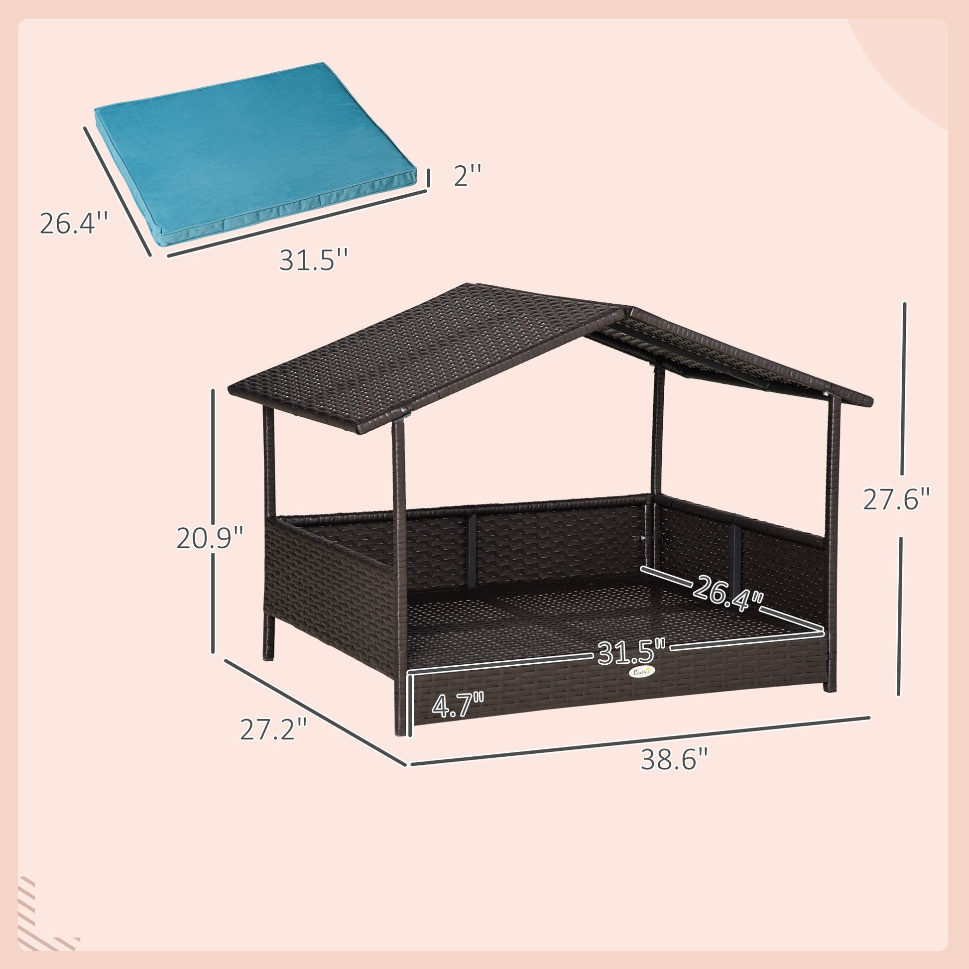 KFX-2898749 Outdoor Wicker Dog House with Canopy, Raised Rattan Pet Bed and Water-Resistant Cushion for Small to Medium Dogs