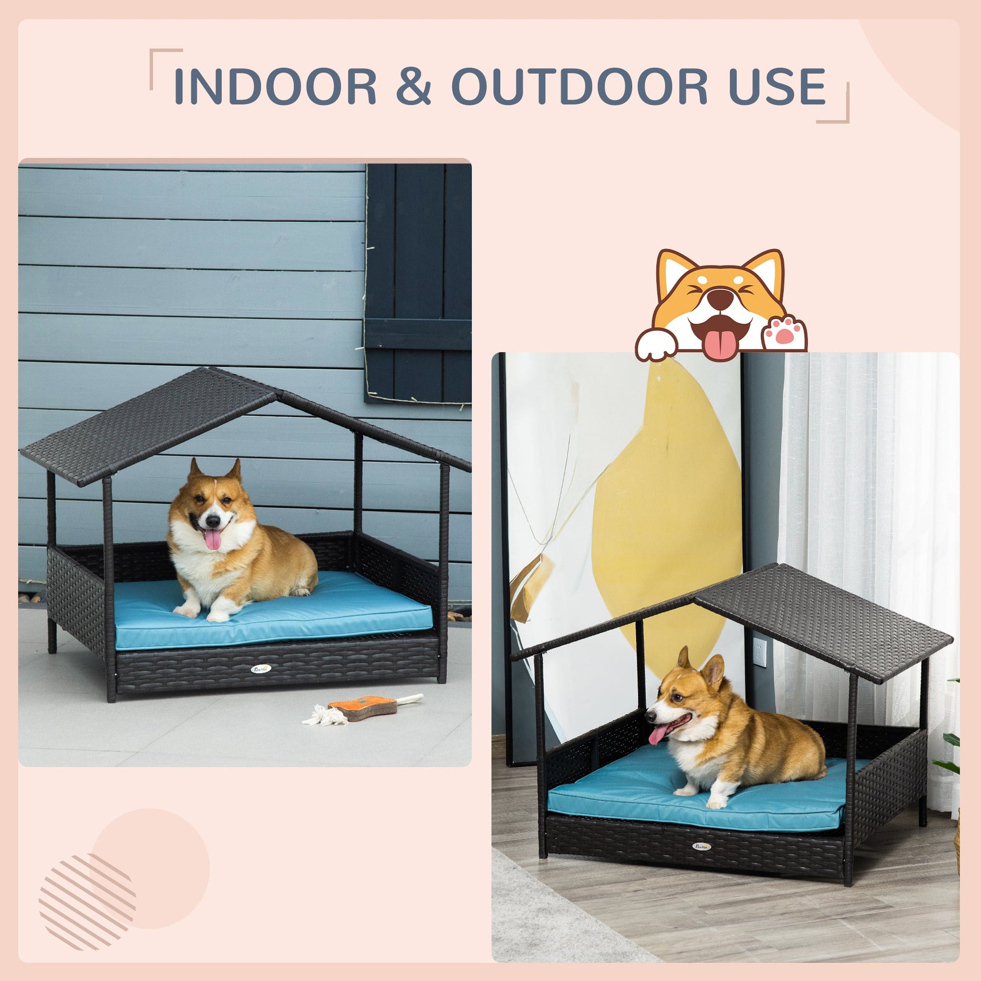KFX-2898749 Outdoor Wicker Dog House with Canopy, Raised Rattan Pet Bed and Water-Resistant Cushion for Small to Medium Dogs