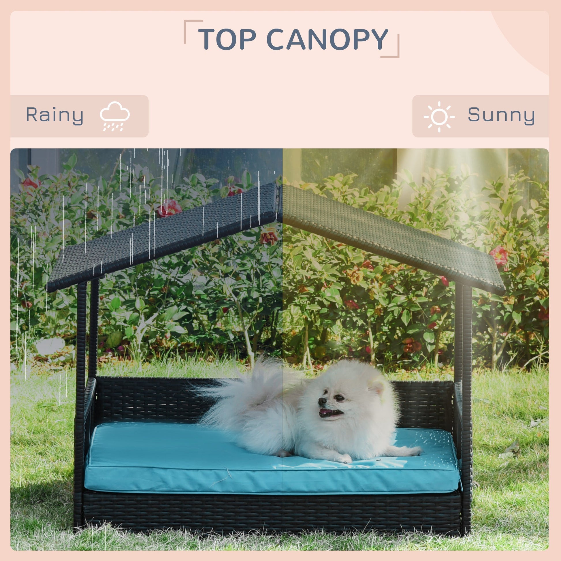 KFX-2898749 Outdoor Wicker Dog House with Canopy, Raised Rattan Pet Bed and Water-Resistant Cushion for Small to Medium Dogs