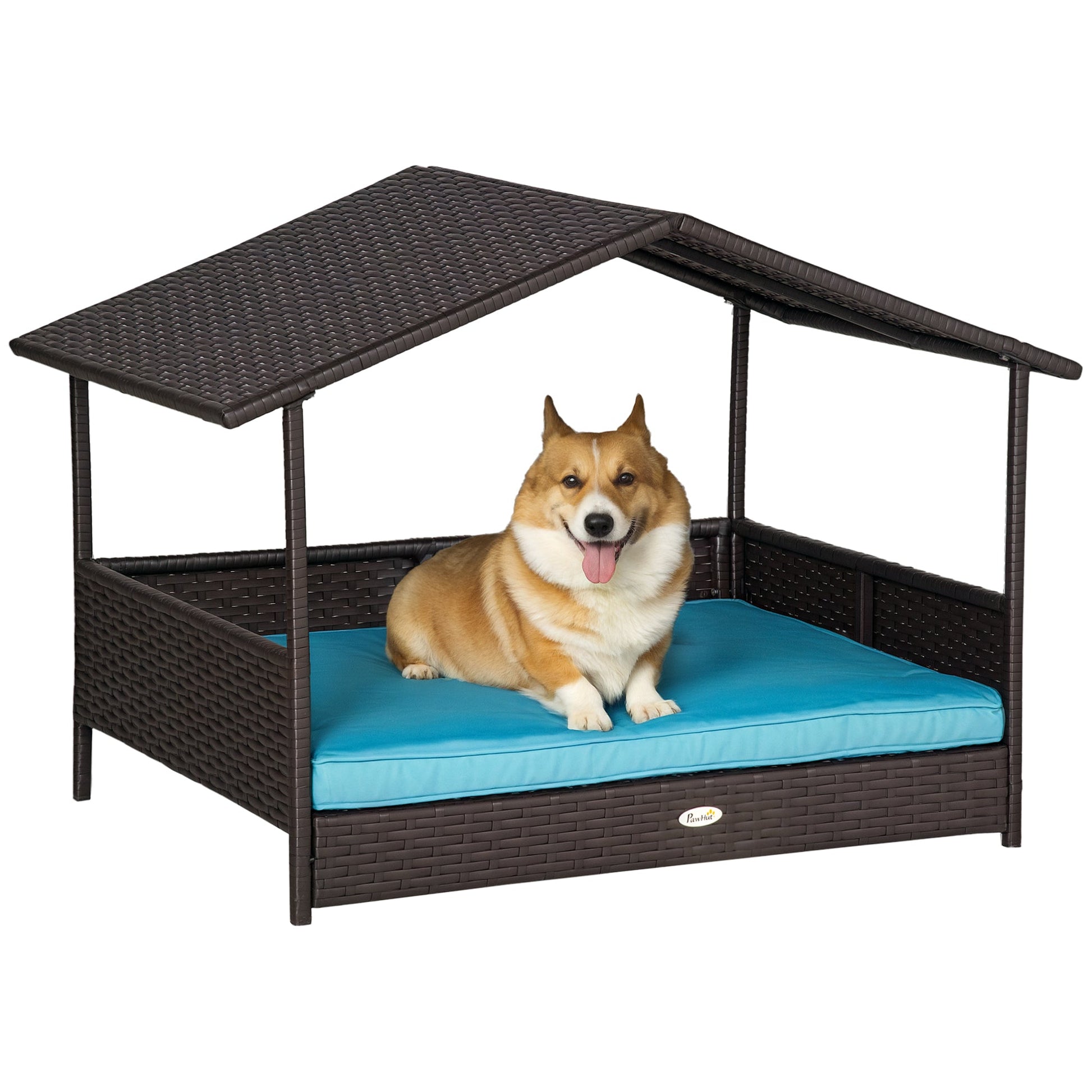 KFX-2898749 Outdoor Wicker Dog House with Canopy, Raised Rattan Pet Bed and Water-Resistant Cushion for Small to Medium Dogs
