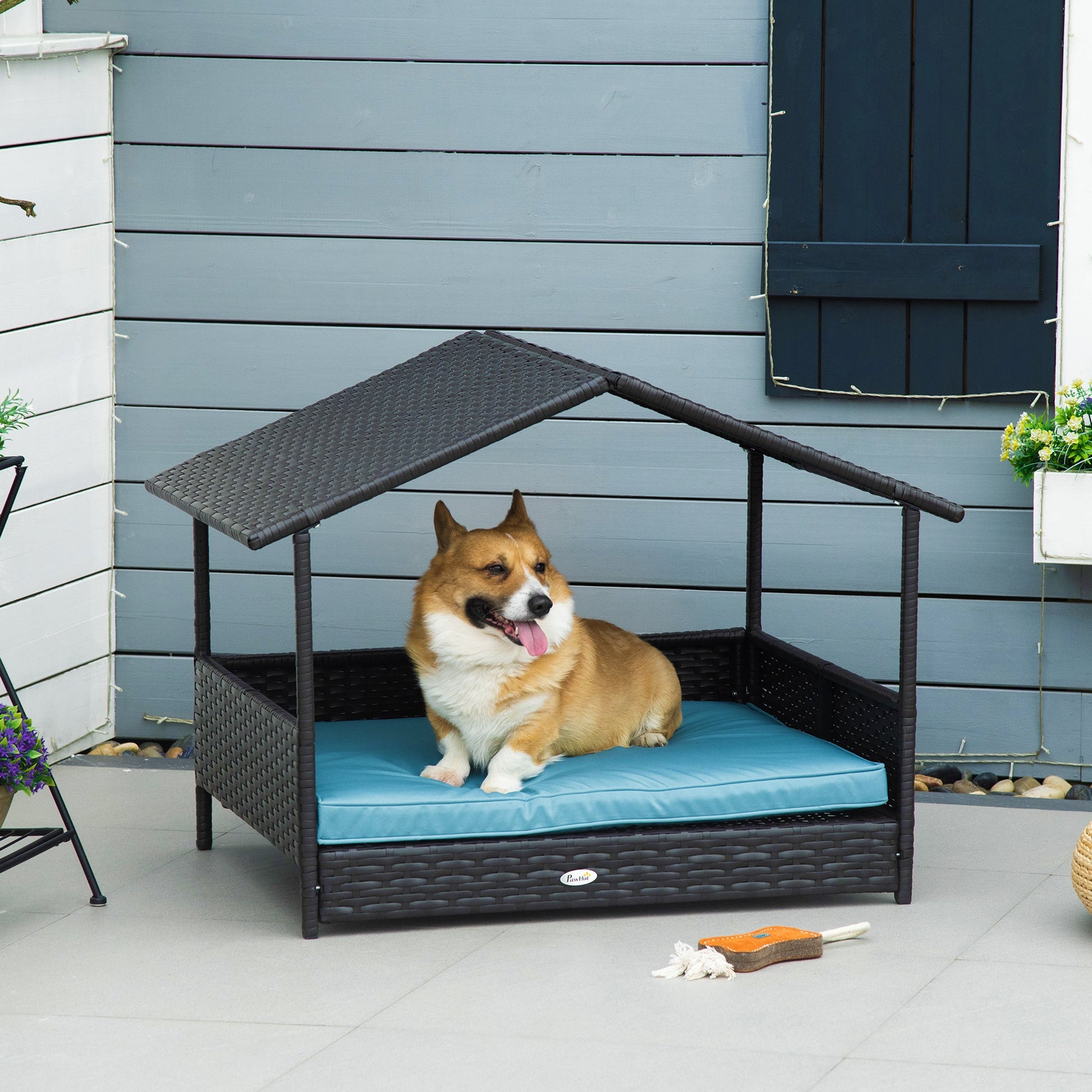 KFX-2898749 Outdoor Wicker Dog House with Canopy, Raised Rattan Pet Bed and Water-Resistant Cushion for Small to Medium Dogs