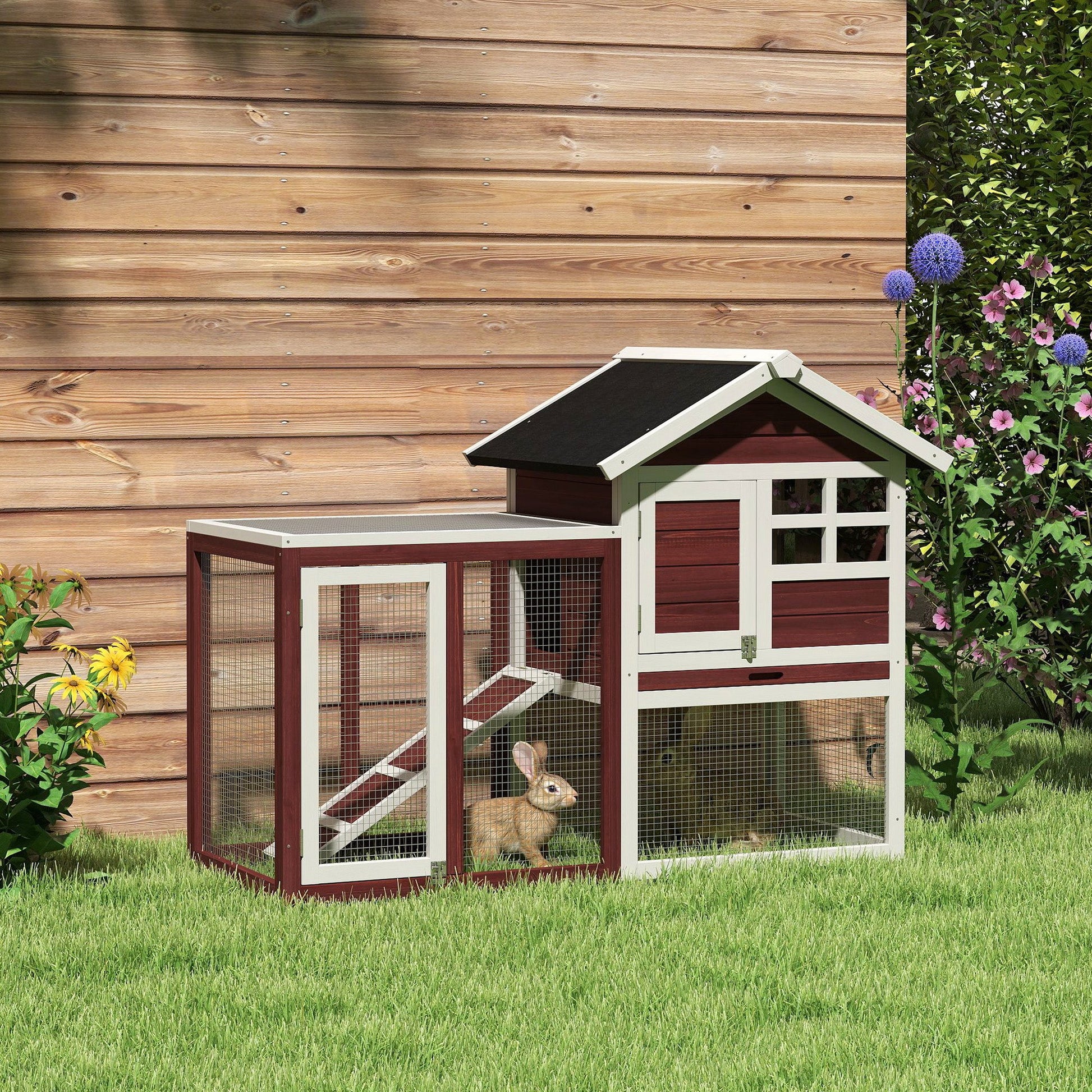 KFX-2903741 48" Outdoor Indoor Rabbit Hutch with Waterproof Asphalt Roof and Easy Clean Tray
