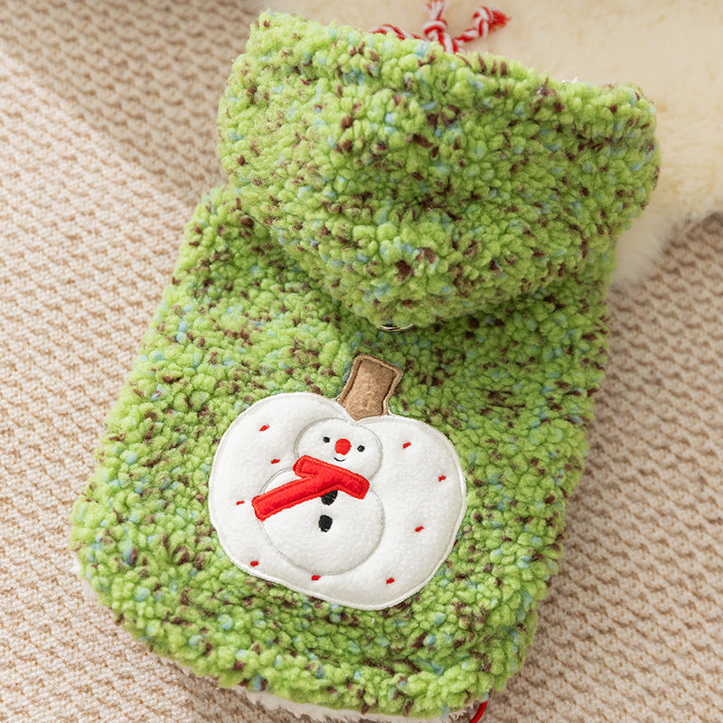 KFX-2904637 Warm Sherpa Pet Hoodie with Snowman Embroidery for Dogs and Cats – Cozy Winter Apparel in Pink and Green