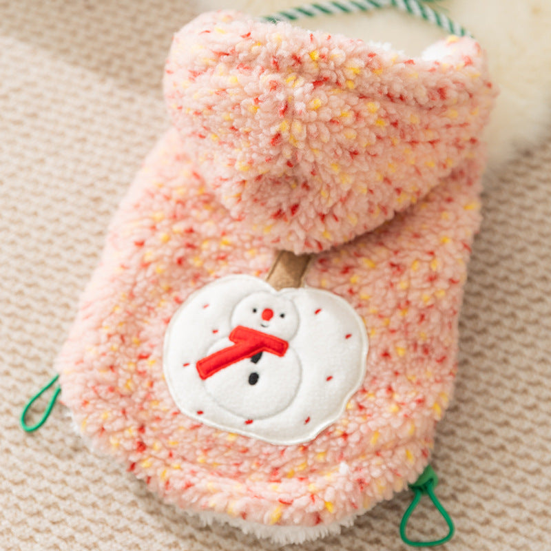 KFX-2904637 Warm Sherpa Pet Hoodie with Snowman Embroidery for Dogs and Cats – Cozy Winter Apparel in Pink and Green