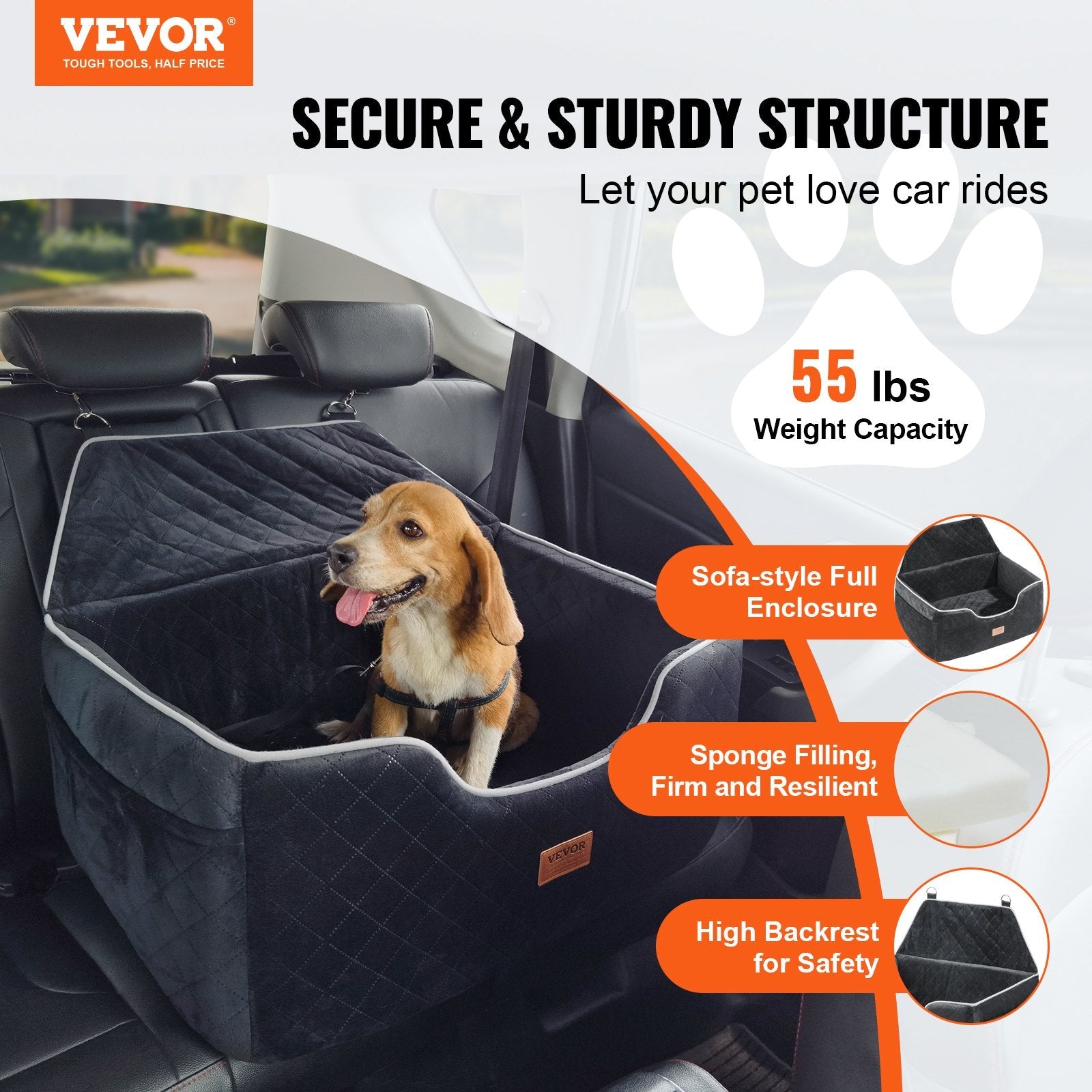 KFX-2904893 Dog Booster Car Seat for Medium to Large Dogs Up to 55 lbs, Comfortable with Removable Pad, Easy Installation, Black