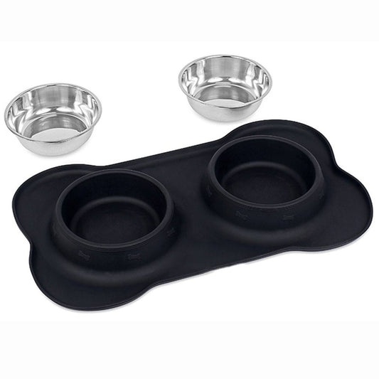 KFX-2906045 Silicone Bone-Shaped Mat with Stainless Steel Pet Bowl for Dogs and Cats