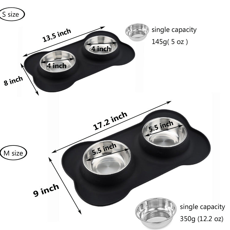 KFX-2906045 Silicone Bone-Shaped Mat with Stainless Steel Pet Bowl for Dogs and Cats