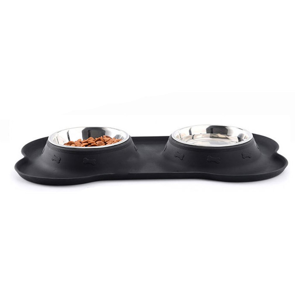 KFX-2906045 Silicone Bone-Shaped Mat with Stainless Steel Pet Bowl for Dogs and Cats