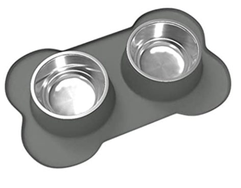 KFX-2906045 Silicone Bone-Shaped Mat with Stainless Steel Pet Bowl for Dogs and Cats
