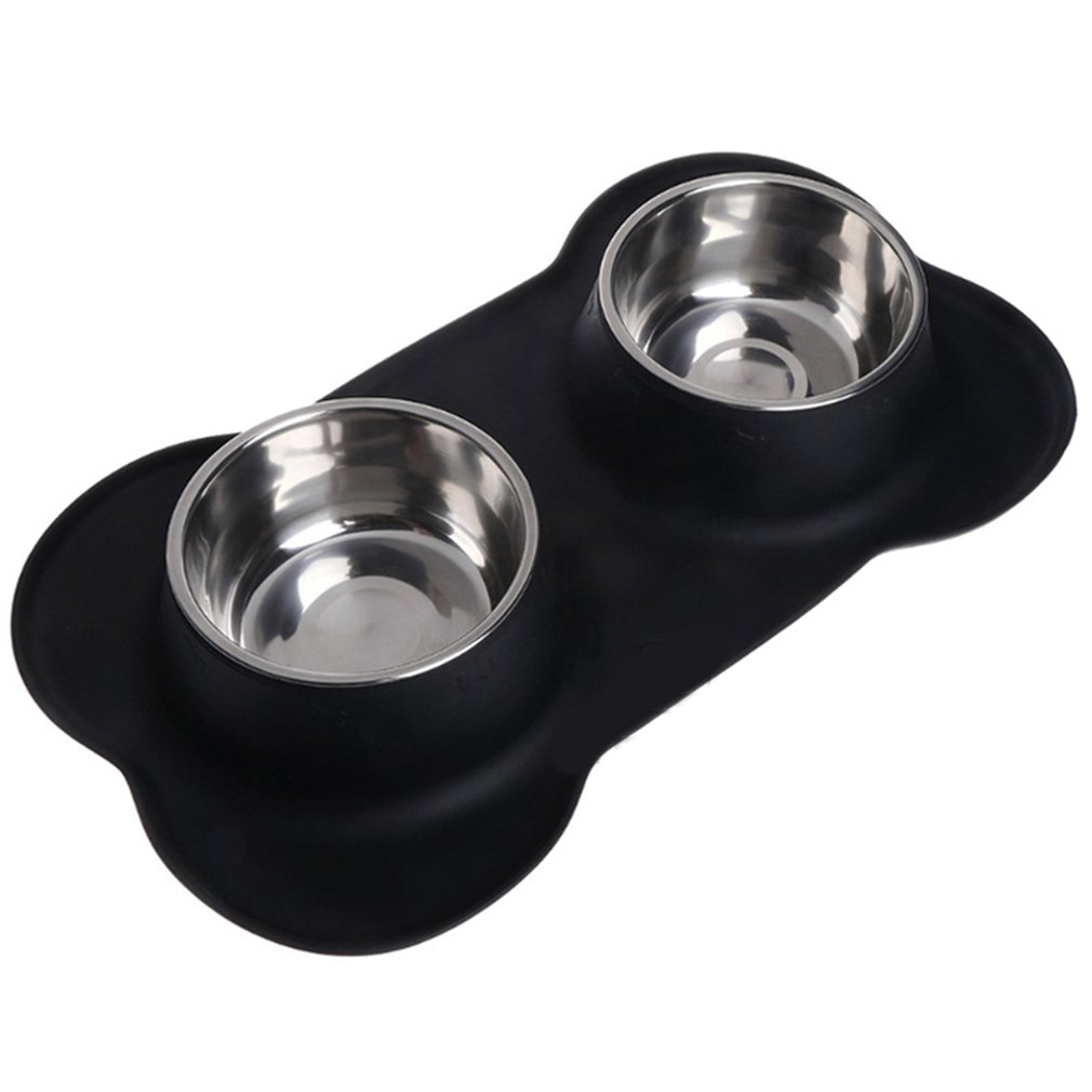 KFX-2906045 Silicone Bone-Shaped Mat with Stainless Steel Pet Bowl for Dogs and Cats