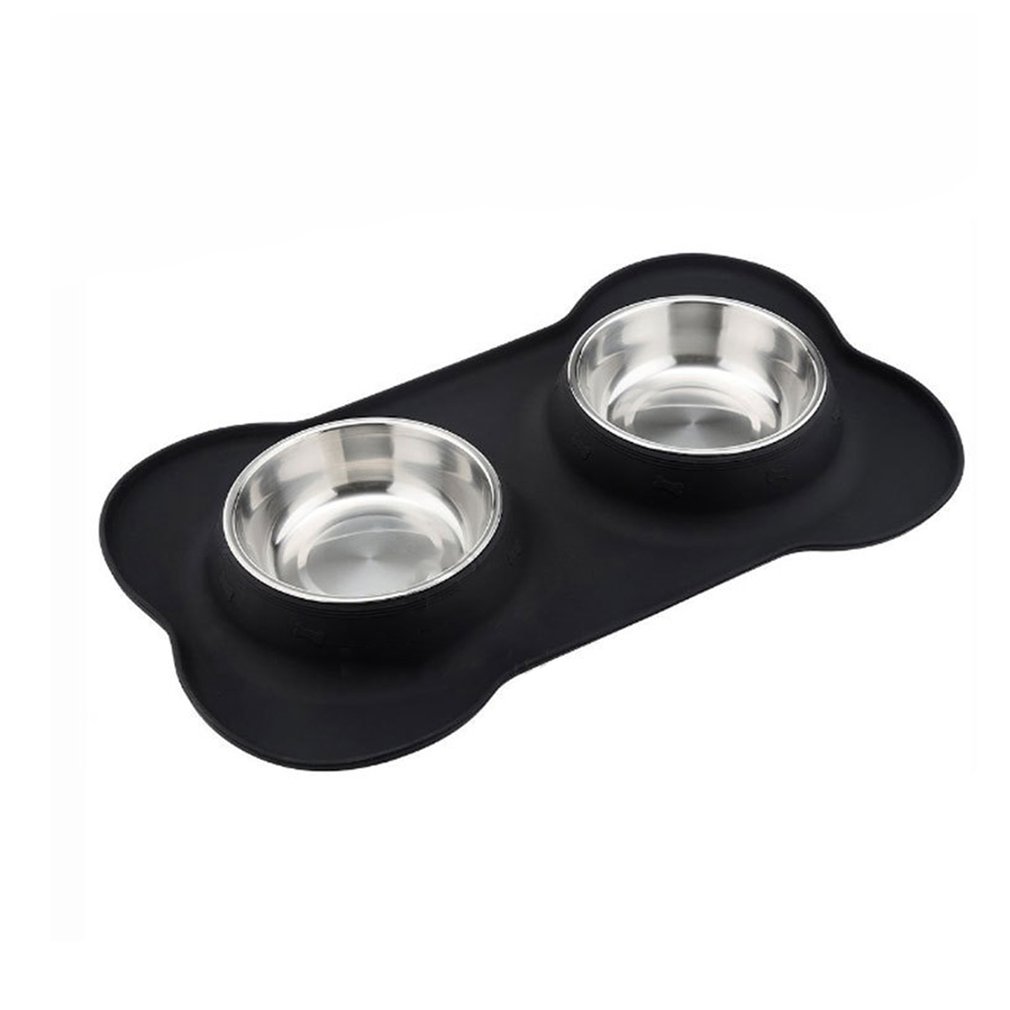 KFX-2906045 Silicone Bone-Shaped Mat with Stainless Steel Pet Bowl for Dogs and Cats